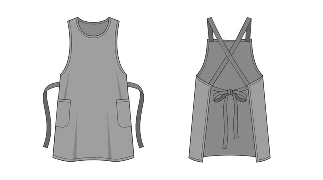 Professional Chef Apron Template with Front and Back Technical Drawing Views and Pocket Details for Uniforms