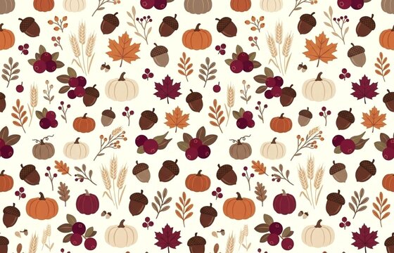 Seamless Autumn Pattern with Leaves, Pumpkins and Berries