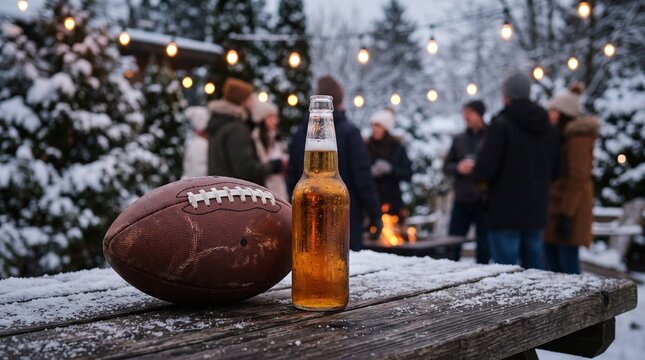 A cold bottle of beer and a football on a snowy wooden picnic table with people socializing around a fire pit in winter