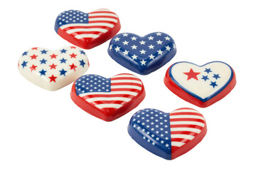 Obraz premium Six heart shaped ornaments featuring various red white and blue american flag patterns and star isolated on a transparent background