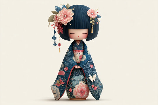  Japan National Kokeshi doll in blue kimono with a pattern of pink clouds and butterflies