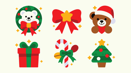 Fototapeta premium Set of cute christmas icons featuring a bear in a wreath, red bow, teddy bear in santa hat, gift box, candy cane, and a decorated christmas tree