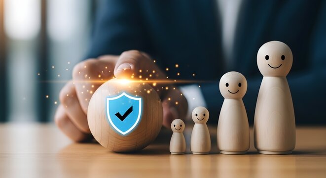 Family Insurance Protection. Hand touching wooden sphere with shield icon next to peg dolls. Ideal for life insurance, financial planning, and family security marketing.