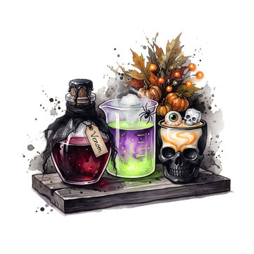 Halloween cocktails, Halloween cocktail watercolor set with spooky drinks and decorations, party beverage collection for autumn and holiday design

