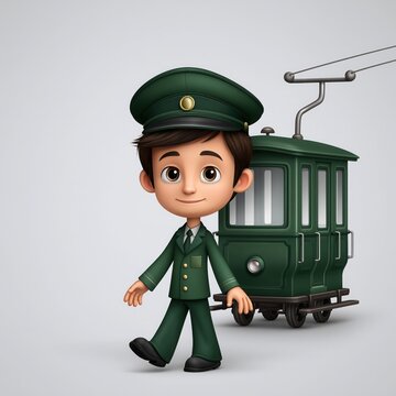 Train conductor cartoon character in green uniform walks beside a vintage electric tram.