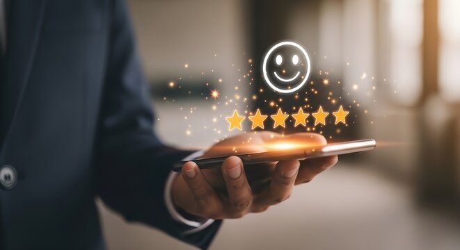 Customer Satisfaction Concept businessman holding smartphone with glowing five stars and smiley face icon ideal for business feedback presentations and marketing service quality.