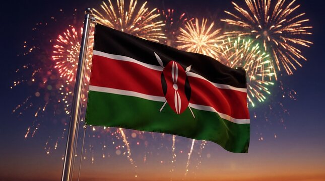 A dramatic, photorealistic night scene of the Kenyan flag billowing on a metal pole against a sky filled with vibrant fireworks, low-angle view that emphasizes national pride; capture the flag&rsquo;s rich 