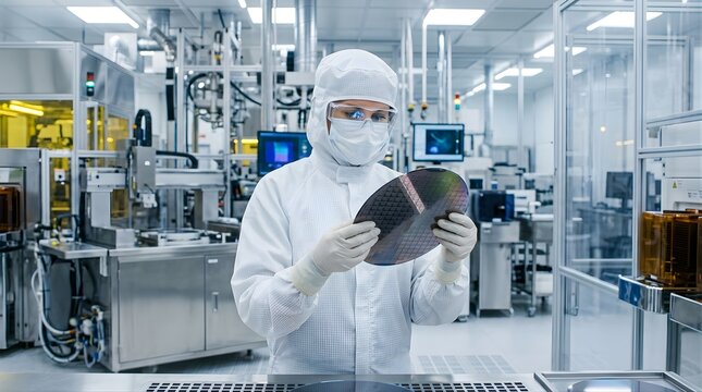 Scientist wearing cleanroom suit inspecting silicon wafer in laboratory