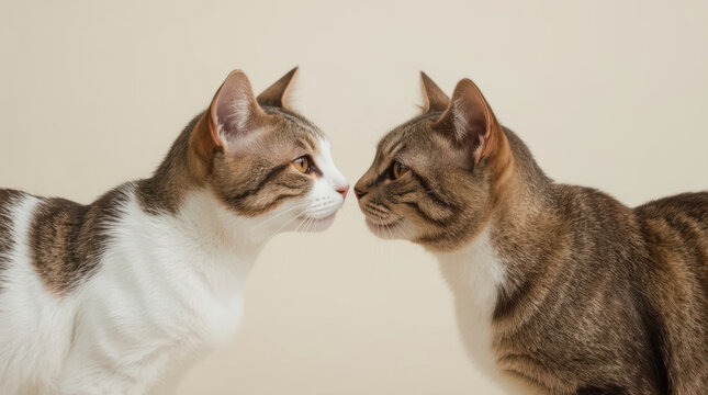 Cat friendship, tabby cat, white cat, feline pair gently touching noses