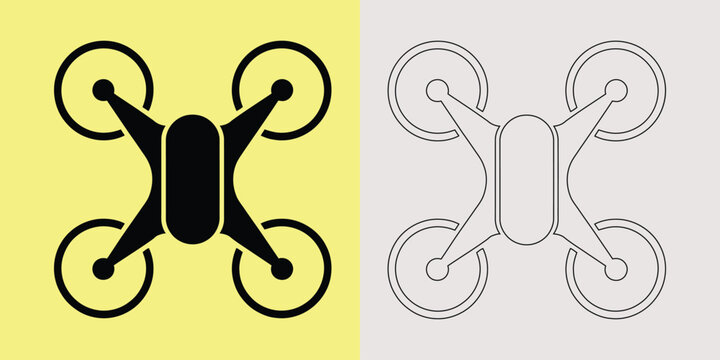 Set of drone and quadcopter featuring down view in solid black and thin outline styles for technology