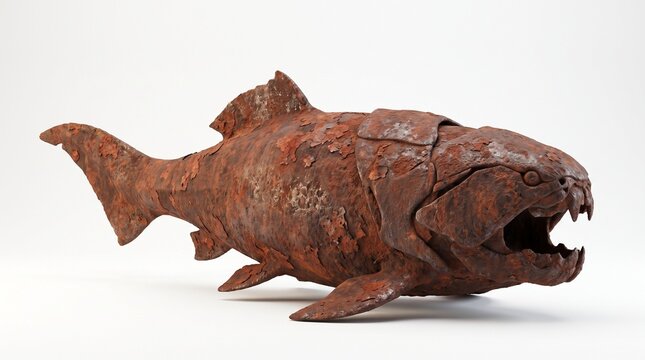 Detailed replica of a prehistoric armored fish possibly Dunkleosteus with a rusty textured surface and sharp teeth isolated on white for historical or scientific themes