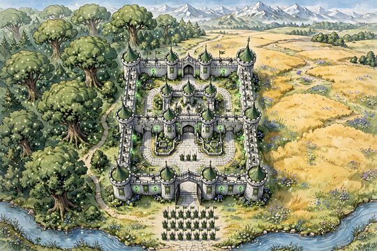 An aerial hand-drawn style fantasy RPG map featuring a symmetrical stone elven fortress with green-tiled conical towers, fortified walls, and green banners. Surrounded by ancient enchanted forests on 