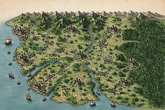An expansive hand-drawn fantasy continent map depicting a vast coastal realm with stone fortresses, connected road networks, rivers, farmland, dense pine forests, and mountain peaks along the horizon,