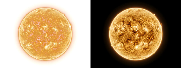 Fototapeta premium Burning sun sphere with detailed granular surface and radiating corona texture perfect for astronomy designs including PNG, Transparent and Black Background Versions