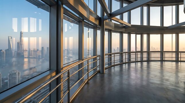 First time here exploring the stunning cityscape view from a modern high rise observation deck at sunrise