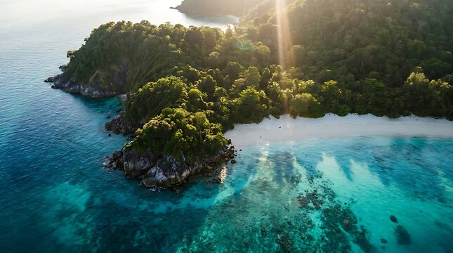 First time here view of a tropical island beach with white sand and clear turquoise water from above