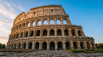 Obraz premium Low angle view of iconic Colosseum stone arches against clear sky in Rome