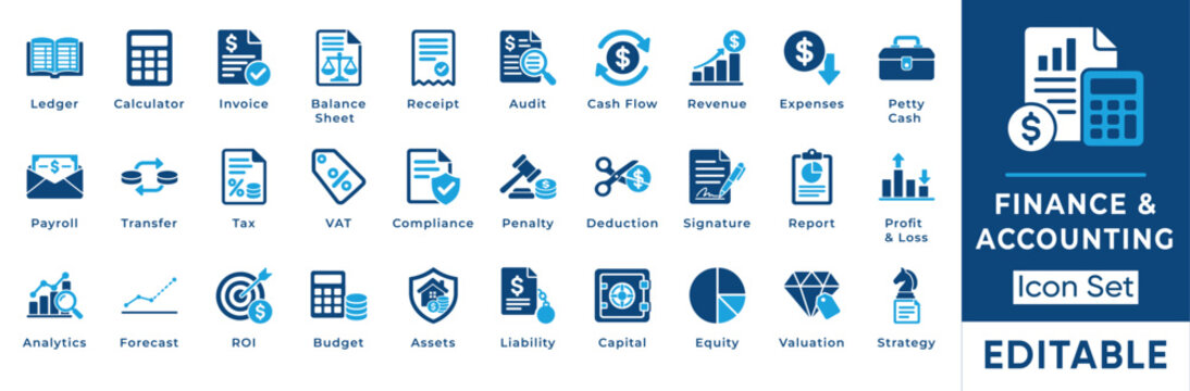 Finance and accounting solid icon set. Featuring balance sheet, cash flow, profit and loss, petty cash, payroll, and ROI. Editable vector icon for finance strategy and corporate accounting.