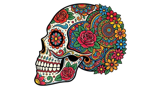 Skull vector side view with colorful floral and mandala patterns