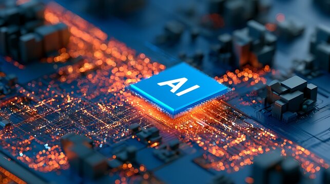 powerful computer processor microchip with the word representing artificial intelligence, AI technology