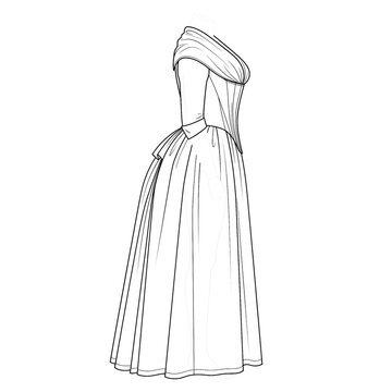 Side profile sketch of robe a l'anglaise with fichu. Line art.