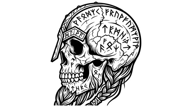 Viking skull vector side view with nordic runes and helmet