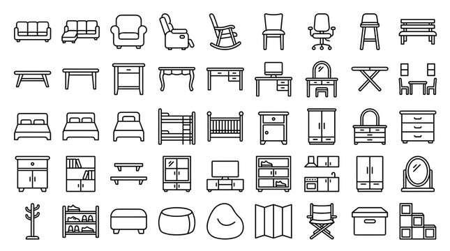 Complete Home Furniture Outline Icon Bundle with 45 Editable Thin Line Symbols for Living Room Bedroom Office Kitchen and Interior Design