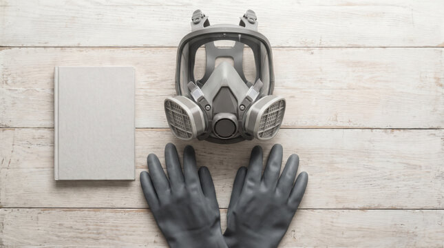 Half mask chemical respirator, heavy duty black nitrile gloves, and a notebook laid out on a white wooden table. Industrial safety gear setup.