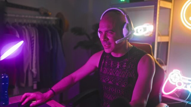 Man bald with headset clenches fist and pumps arm while seated at computer beside neon controller sign in a studio gaming setup; excitement triumph.