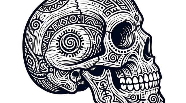 Skull vector side profile with intricate tribal patterns