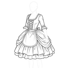 Fototapeta premium Hand drawn sketch of classic rococo shepherdess dress. 3/4 view.