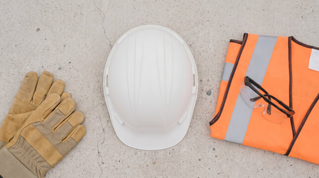 Clean arrangement of personal protective equipment including a white safety helmet, orange high-visibility vest, and heavy leather work gloves on concrete.