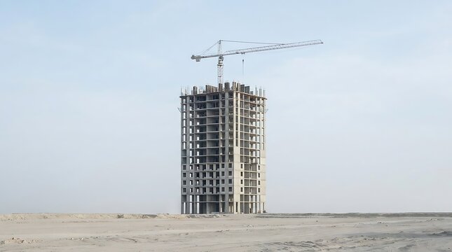 Un immeuble chantier en construction avec une grue au sommet se dresse dans un terrain plat et vaste au loin.
