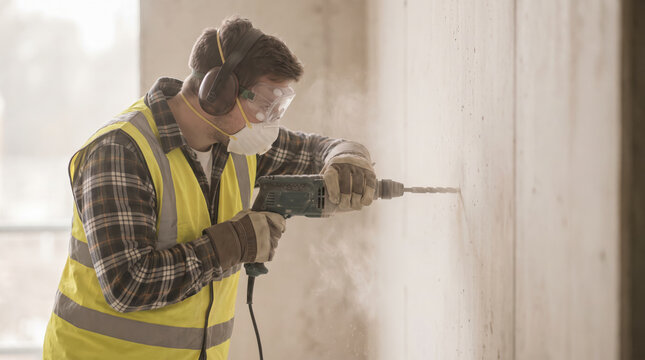 Construction worker wearing a dust mask, safety glasses, and ear defenders drilling a hole into a concrete wall with a hammer drill. Dust safety.