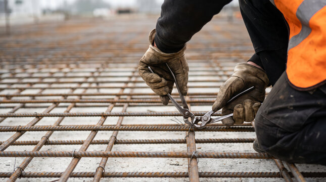 Worker hands wearing thick safety gloves using pliers to tie rebar steel mesh on a concrete slab construction floor. Structural rebar work.