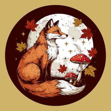 A charming illustration of a red fox sitting under a full moon with autumn leaves and mushrooms, depicting a whimsical forest scene.