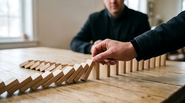 Disaster risk reduction concept with hand intervening to prevent falling wooden domino blocks