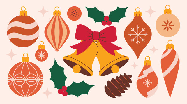 Christmas elements collection with red ornaments, gold bells, holly leaves and pinecone