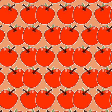 Seamless pattern featuring cute cartoon red apples with green leaves and brown stems, arranged in rows on a soft peach background