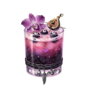 fancy halloween cocktail, halloween berry cocktail, Halloween cocktail watercolor set with spooky drinks and decorations, party beverage collection for autumn and holiday design
