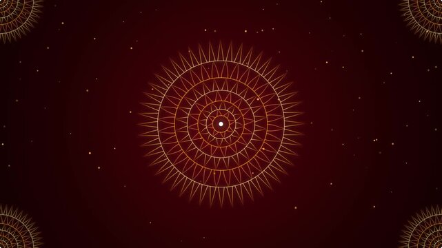 Golden circular mandala pattern with intricate geometric lines on a deep dark red background with small glowing particles for spiritual and meditation design concepts 4k Motion Video