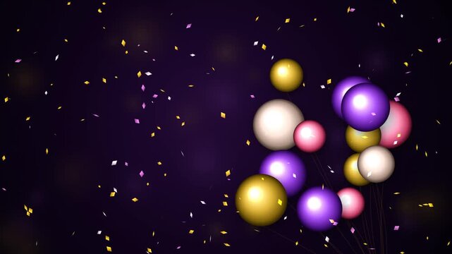 Colorful glossy balloons floating with falling gold and pink confetti pieces on a dark purple background for a festive celebration birthday or party event theme 4k Motion Video