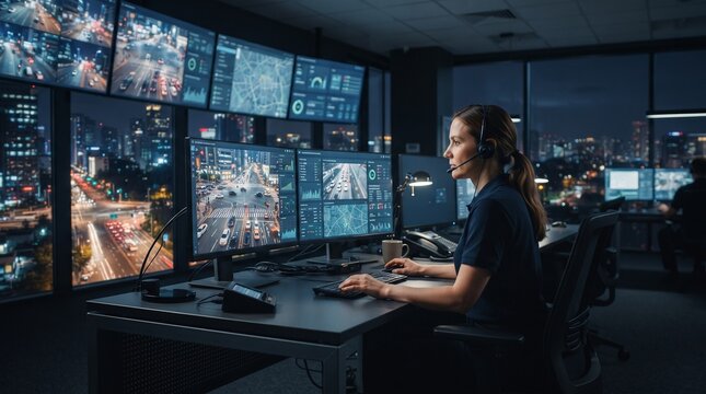 Cybersecurity analyst monitoring multicam surveillance screens at night, dark control room operation, security worker analyzing data feeds
