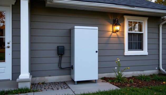 Modern outdoor electrical box installed on the side of a gray wooden house near a light fixture.