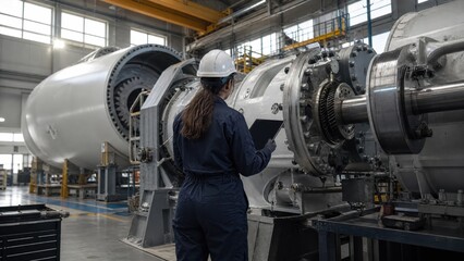 Fototapeta premium Female engineer in a white hard hat wearing blue work coveralls inspects massive metal industrial machinery components using a tablet computer inside a modern manufacturing factory