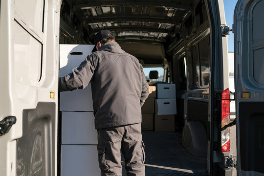 A hard-working delivery worker carefully organizes cardboard boxes inside the back of a cargo van, showcasing dedication to transporting goods efficiently and effectively.