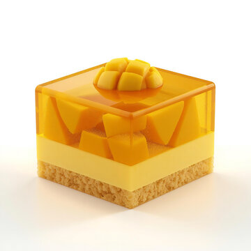 3d Layered Mango Jelly Cake with Fresh Mango Pieces and Cream Dessert on White Background
