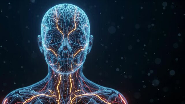 Futuristic 3D animation of a human head showing glowing neural networks and vascular system in blue and orange light.