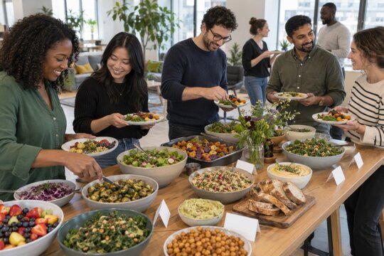 Diverse Coworkers Sharing Plant Based Potluck