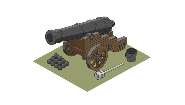 Old wooden cannon on green ground with stack of cannonballs bucket and rammer tool on white background.